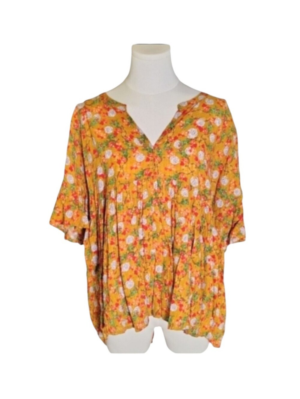 umgee Mustard Yellow High Low White Floral Ruffled V-Neck Blouse Size Medium